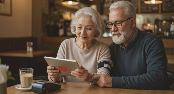 Elderly couple looking at a tablet in a cafe with a coffee and card reader on the table together