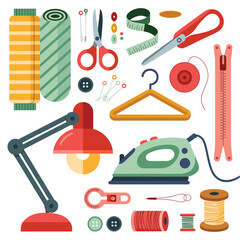 Sewing and tailoring tools flat design collection with fabric rolls and iron scissors thread