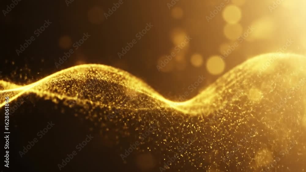 Poster golden particles flowing on dark background with bokeh slow motion