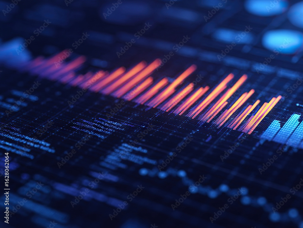 Poster financial data graph with glowing bar chart and analytical details in futuristic digital interface