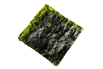 Close-up of a square sheet of dried seaweed.  Dark green, slightly textured surface