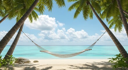 Tropical Beach Hammock between Palm Trees with Ocean View