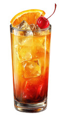Vibrant layered cocktail in a tall glass, garnished with orange slice and cherry