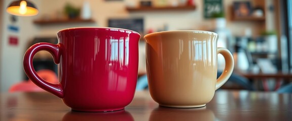 Close-up of two coffee mugs clinking in a cafe,   social,   happy