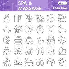 Spa and massage symbols collection or sketches, masseur theme in thin line style signs for web and app. Vector graphics isolated on white background.