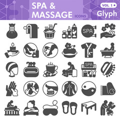 Spa and massage symbols collection or sketches, masseur theme in glyph style signs for web and app. Vector graphics isolated on white background.