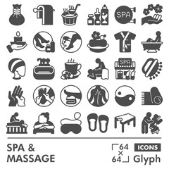 Spa and massage symbols collection or sketches, masseur theme in glyph style signs for web and app. Vector graphics isolated on white background.