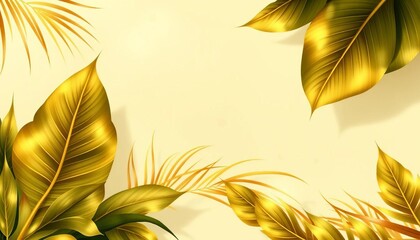 Golden line art tropical leaves on abstract luxury background; copy space , gold, elegant background