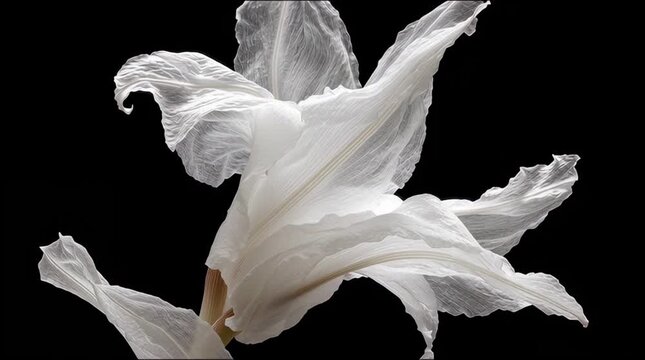 Elegant white flower with delicate petals showcasing intricate textures against a dark background