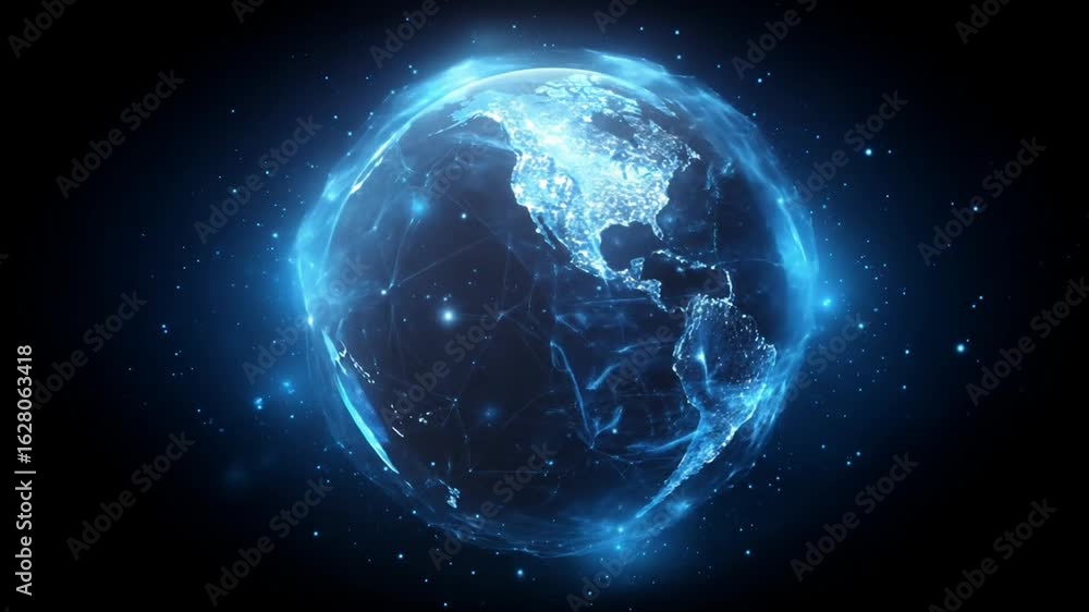 Wall mural digital rotating earth in space with data lights and stars.