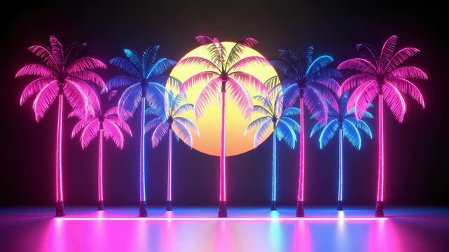 Fluorescent tropical trees illuminating dark empty space, creating a vibrant and surreal scene.