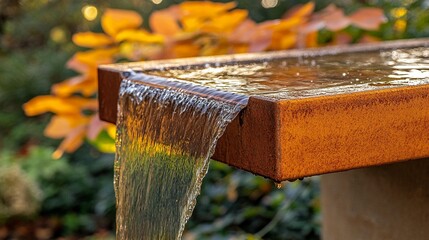Rusty-colored water feature with cascading water over a garden bed