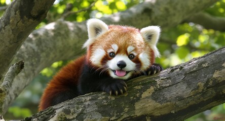 Adorable Red Panda Resting on a Tree Branch with Tongue Out