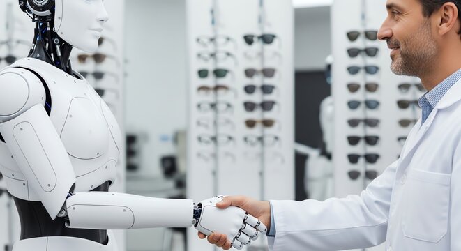 Doctor Shakes Hands with Robot in Optics Store