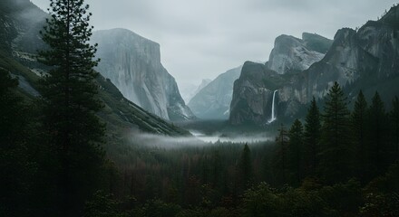 Misty Nature Landscape with Tall Mountains on Both Sides &ndash; Atmospheric Scenic View