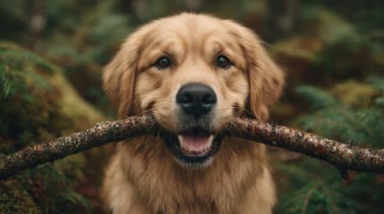 Happy golden retriever dog holding stick in forest perfect international dog day celebration. beautiful canine friend enjoying nature