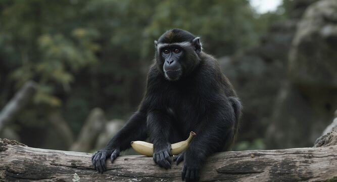Black Crested Macaque Perched on Log with Banana