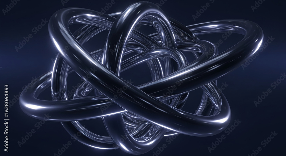 Poster abstract image of metallic, intertwined tubes, creating a complex, three-dimensional knot structure,