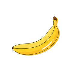 A single, ripe banana with a curved shape, isolated on a white background, ready to eat.