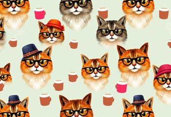 Hipster cats with coffee cups, hats, and glasses in a repeating seamless pattern, whiskers, cat