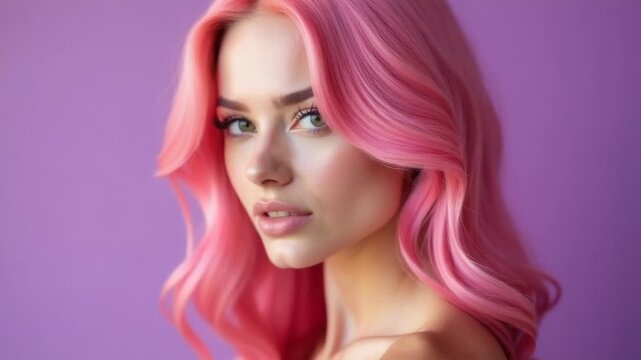 A young woman with bright pink hair posing in front of a plain background, ideal for use as a model or fashion reference image