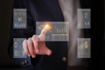 An analyst working with Business, Concept digital transformation technology strategy, Analytics, and Data Management System on a computer, makes a report with KPI and metrics connected to the database