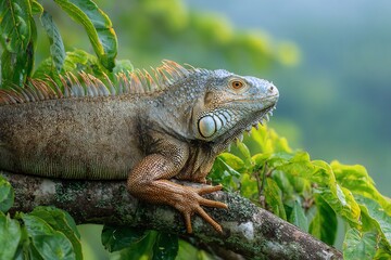 Fototapeta premium A green iguana resting on a tree branch surrounded by green leaves in its natural habitat outdoors
