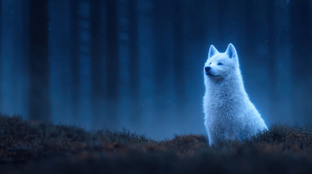 Serene and hopeful white dog glowing in mystical blue forest, beautiful animal celebrating international dog day in wild at night - Powered by Adobe