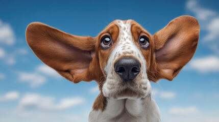 Funny cute Basset Hound dog with big ears looking up on international dog day. curious puppy portrait against beautiful blue sky background