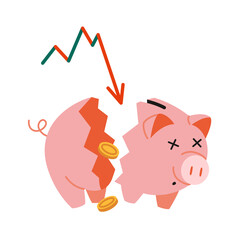 Broken piggy bank with coins and falling chart, symbol of financial loss or crisis. Trendy modern vector illustration isolated on white background, hand drawn, flat design