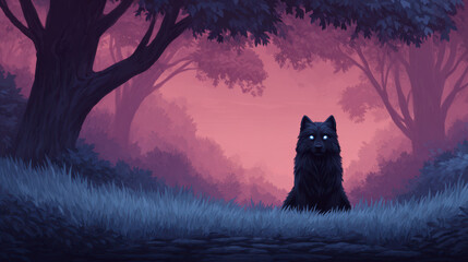 Magical international day with mysterious black cat not dog sitting in an enchanted forest under purple twilight sky with glowing eyes