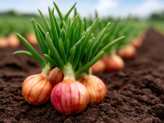 Fototapeta premium Close up of shallot bulbs growing in rich soil with vibrant green shoots in sunny field, symbolizing growth and freshness