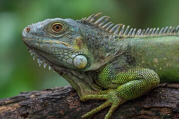 Obraz premium A close up of a green iguana resting on a tree branch with a blurred green background in nature habitat
