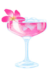 pink cocktail decorated with a flower hand drawn watercolor illustration