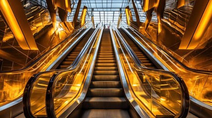 Gold color escalators interior architecture detail