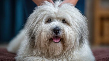 Happy fluffy white dog celebrating international dog day. cute shaggy canine pet lying on carpet getting gentle head rub from its owner