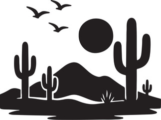 Desert landscape with cacti and birds cactus saguaro