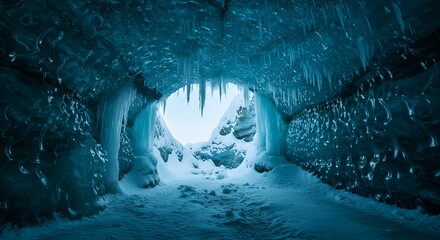 Stunning Ice Cave Landscape with Blue Frozen Formations &ndash; Winter Nature Background

