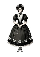 A vintage illustration of a woman in a black dress adorned with flowers.