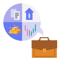 Investment portfolio concept with case and icons for real estate, stocks, gold and bonds. Asset diversification in the stock market. Vector illustration isolated on white, hand drawn, flat design