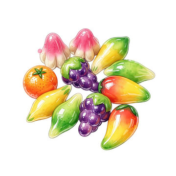 Luk Chup, fruit-shaped Thai dessert, watercolor illustration