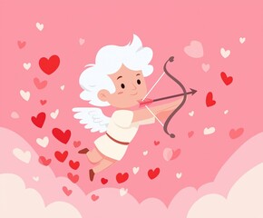 A cute cartoon cupid flying among colorful hearts, ready to shoot arrows of love against a soft pink background.