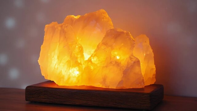 A glowing, rough hewn amber salt lamp sits on a dark, textured wooden base