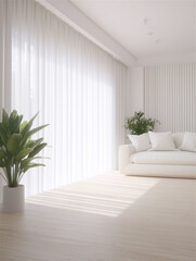 白いカーテンと観葉植物のリビング背景