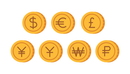 Golden coins with world currency symbols including dollar, euro, pound, yen, won and ruble. Modern vector illustration isolated on white background, hand drawn, flat design