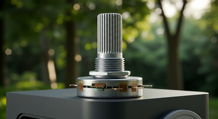 Close-up of a metal potentiometer with a fluted shaft against a blurred green background