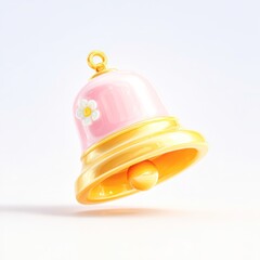 Fototapeta premium A whimsical, pastel pink bell adorned with a flower, suspended against a clean background, This image can be used for children's products, decorative items, or in event invitations,