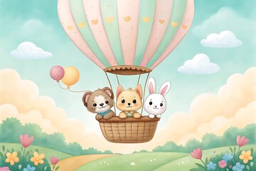 Obraz premium Cute animals ride a hot air balloon over a spring landscape