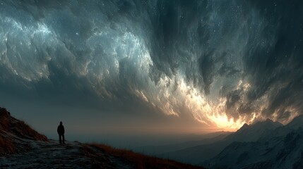 Galactic horizon where silver rain only falls around one figure