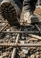 Close-up of worker's boots walking on a steel rebar grid at a construction site.